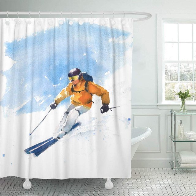 Cortina de ducha ABPHQTO Hombre azul Esquiador alpino Acuarela Deporte Naranja Nieve 165x180 cm