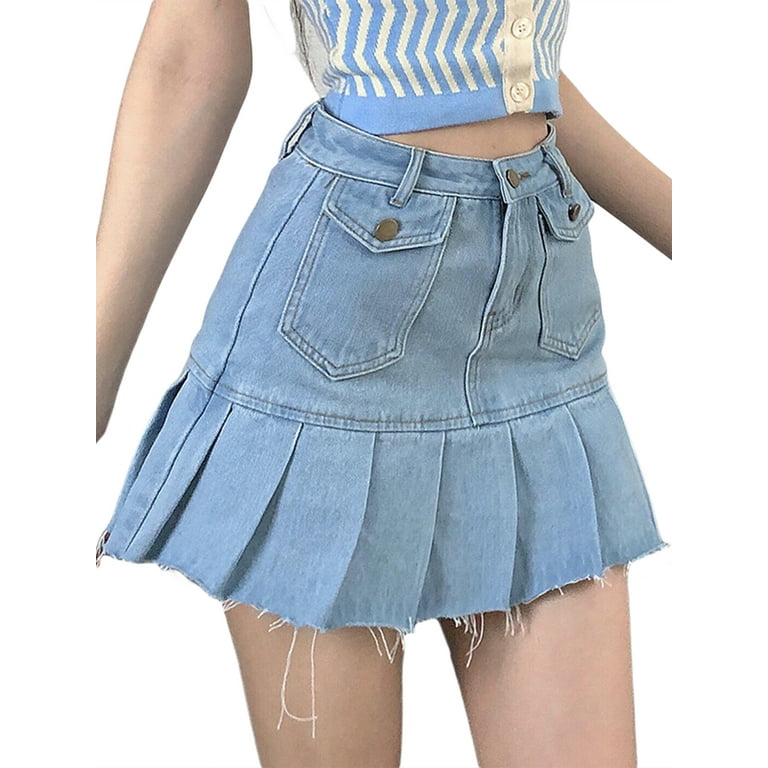 Women's Denim Mini Skirt Y2k Girls A-Line Pleated Ruffle Jean Short Skirt  High Waist A-line Skirt 