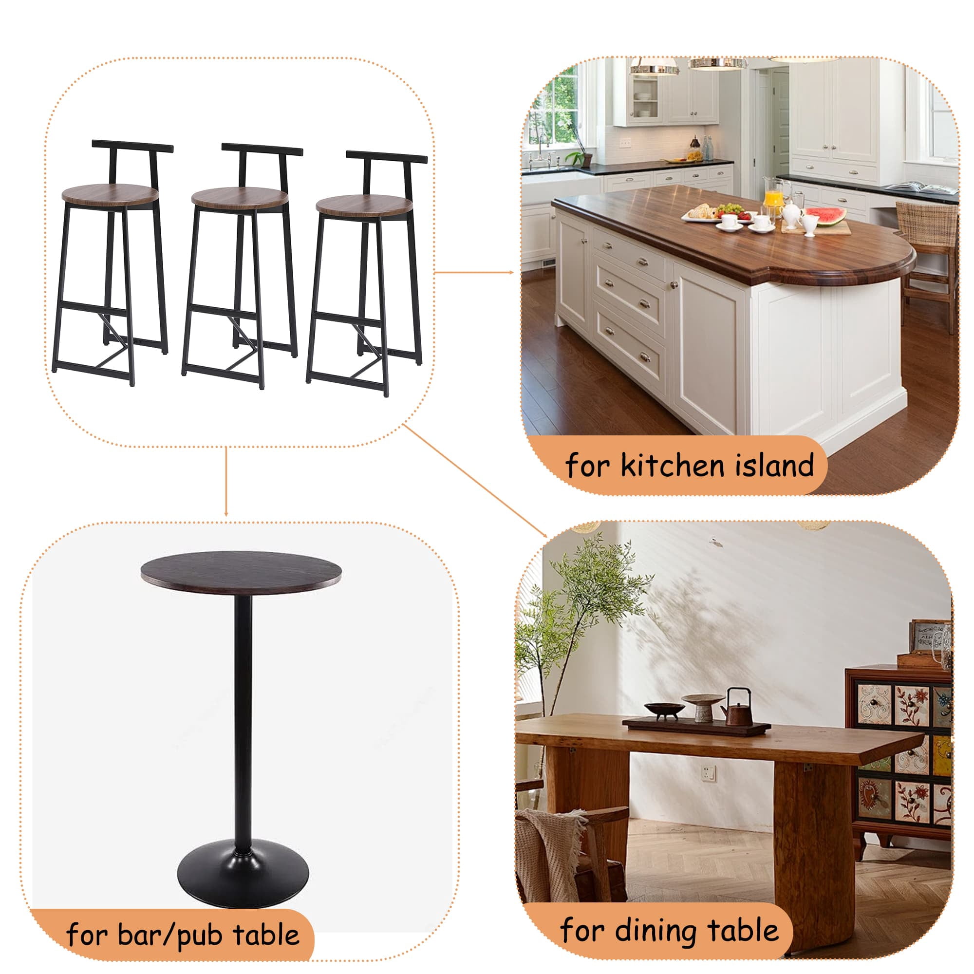 MAYEERTY Bar Stool Set of 3 - Counter Height with Back, Armless for Kitchen Island (Black & Walnut Brown)