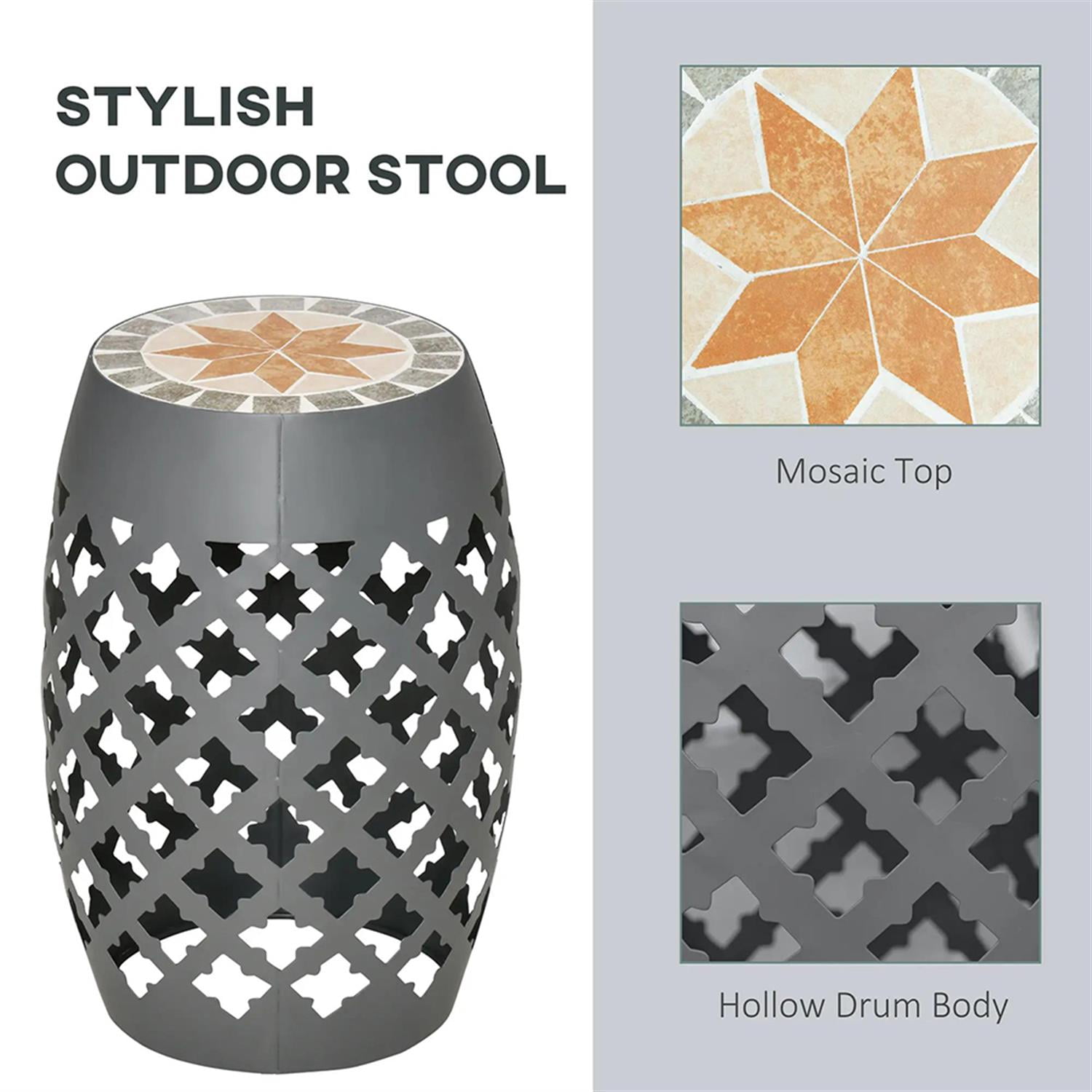 Demi Bonn 12" Patio Round Side Table, Outdoor Footstool Plant Stand, Garden Mosaic Decorative End Table for Backyard, Lawn, Balcony, Porch, Gray