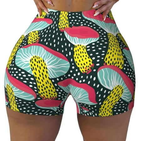 Workout Shorts Women  Green Mushroom Biker Shorts for Women Running Gym Spandex Shorts Tummy Control