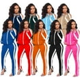 thumbnail image 3 of 2 Piece Outfits for Women Solid Color Stripe Off Shoulder Zipper Long Sleeves Jacket Pants with Pockets Casual Tracksuit, 3 of 4
