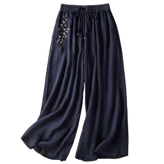 VNKIDY Womens Solid Color Linen High Waist Drawstring Elastic Waist Wide Leg Pants Floral Embroidered Casual Trousers For Summer Daily Wear Navy XXXL