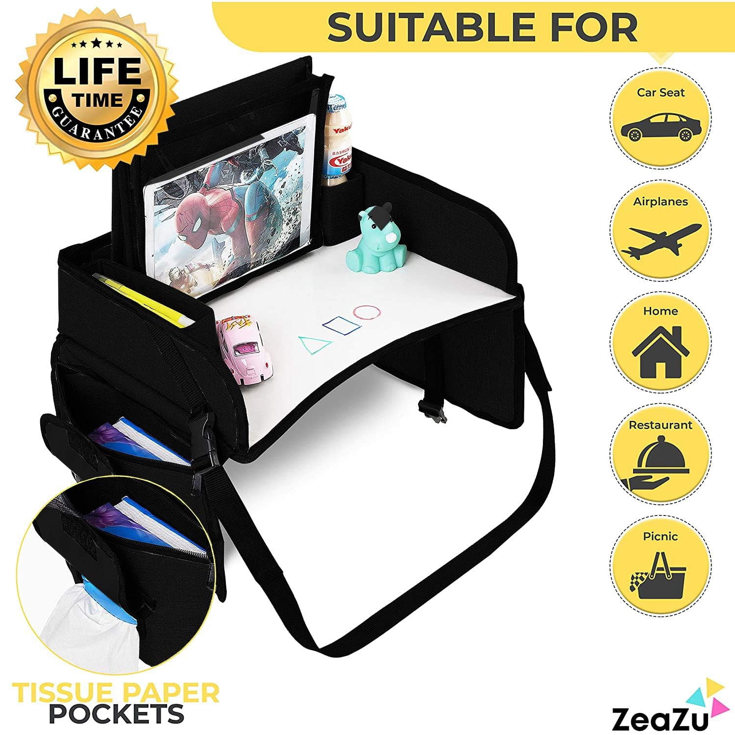 ZEAZU Kids Travel Tray with Bag - Toddler Car Seat Tray, Foldable Lap Travel Table Desk with iPad Holder, Drawing Board, Storage Pocket Organizer for Child Road Trip, Car Stroller, Airplane - Black