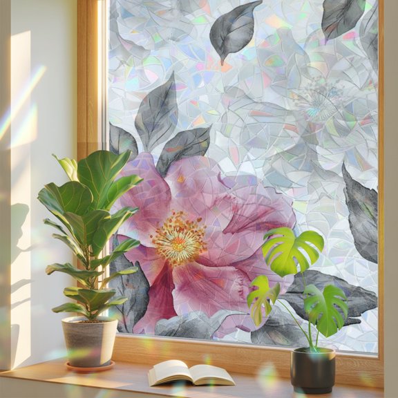 Romantic Pink Peonies Window Privacy Film, Gray Floral Leaves Stamens Buds Boho Static Cling Stained Glass Window Sticker Decorative Removable Rainbow Film for Glass 19.6”x39.3”
