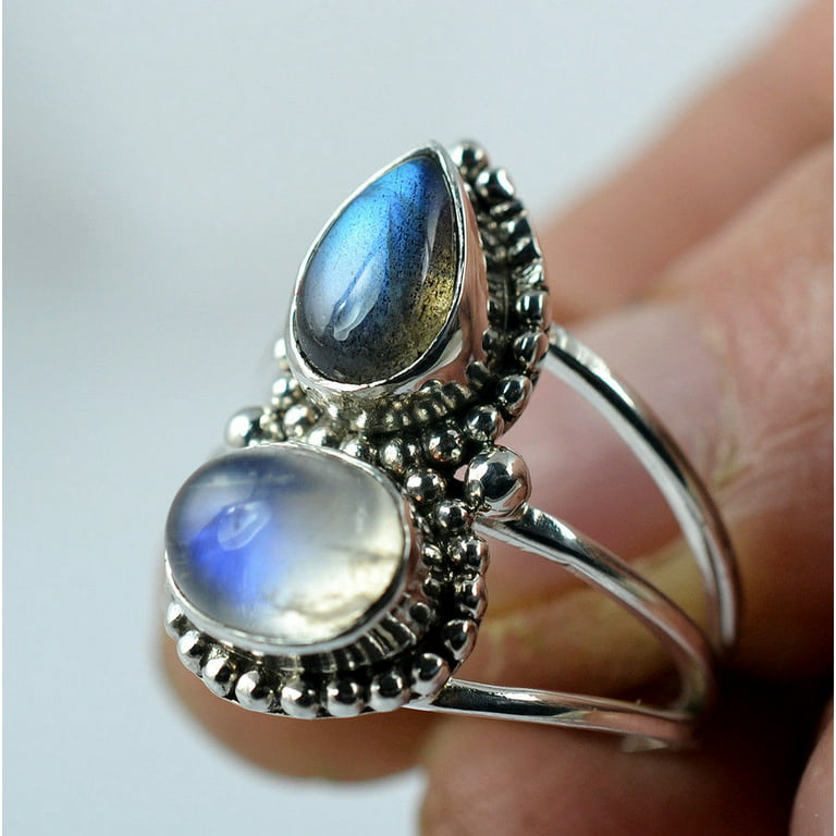 Solid 925 Sterling Silver Jewelry Rainbow Moonstone Blue Topaz Ring Nickel Free 8