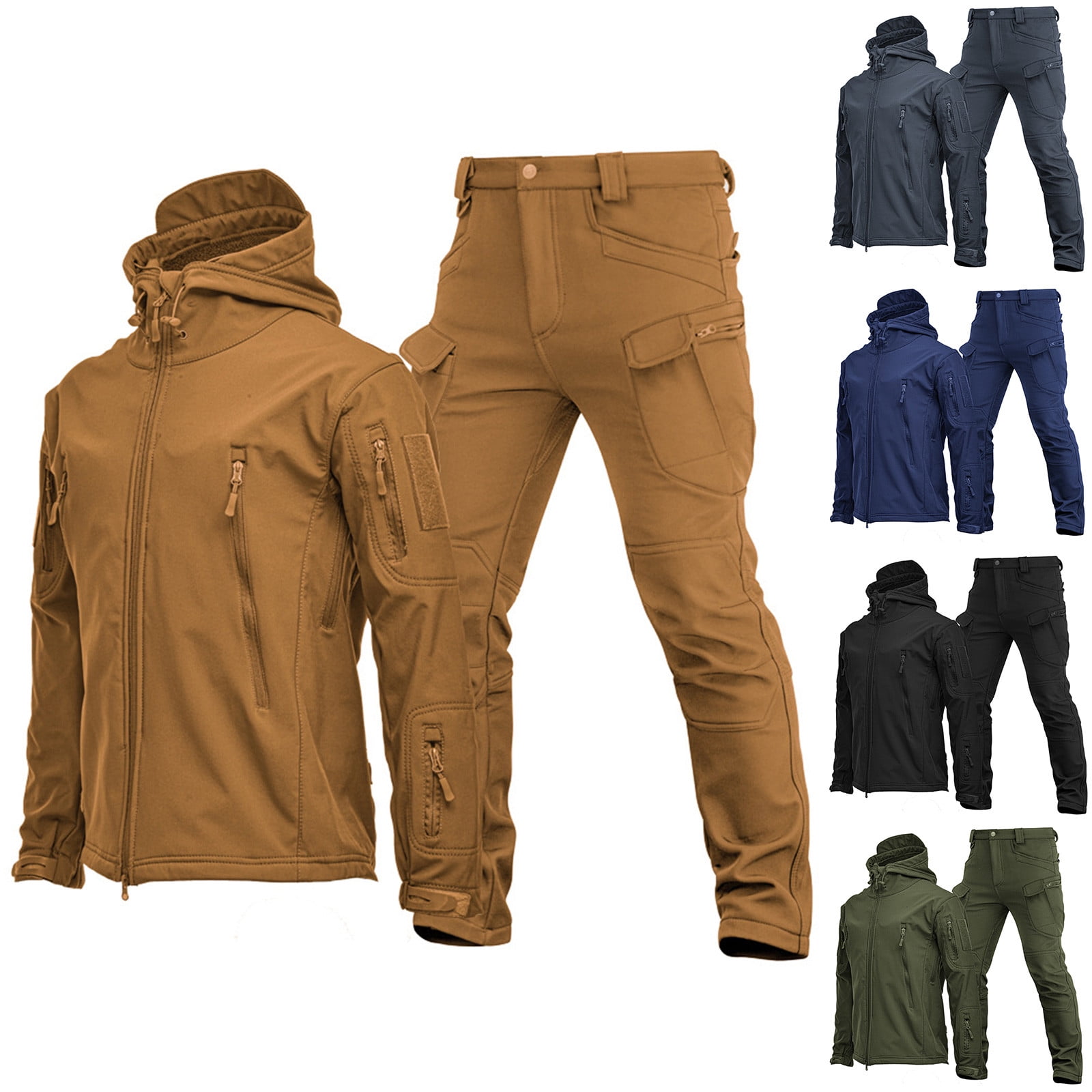 JURANMO Mens Tactical Clothing Set Military Zip Up Hooded Jacket and Ripstop Combat Pants Matching 2 Piece Sets Outdoor Sports Snowsuits with Pockets Spring Savings Brown XL
