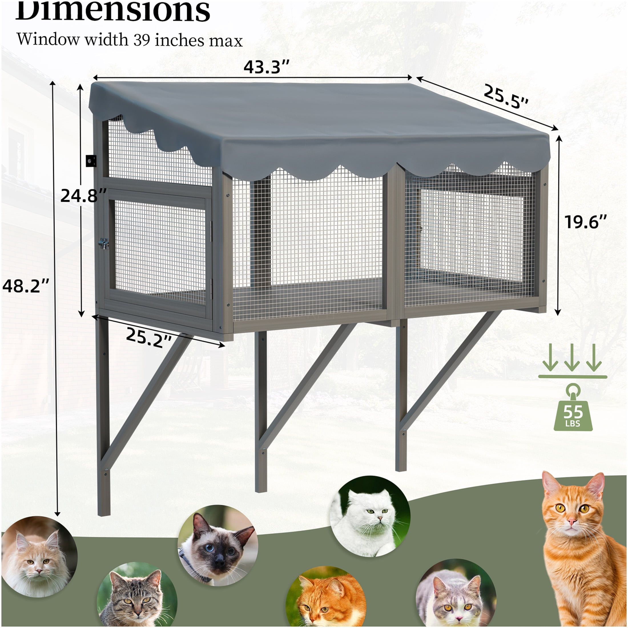 JERFIT Cat Window Enclosure Box, Gray Wooden Catio Perch for Indoor Cats, Expandable Outdoor Haven with Weather-Resistant Roof, Secure Wall Mount
