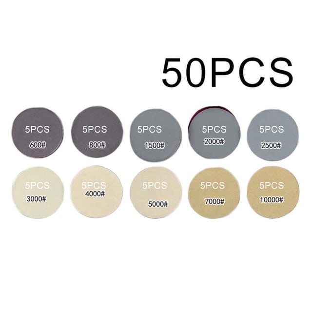 50 Pcs 3 Disques de Ponçage en Papier de Verre Humide et Sec 600-10000Grit Dos Floqué