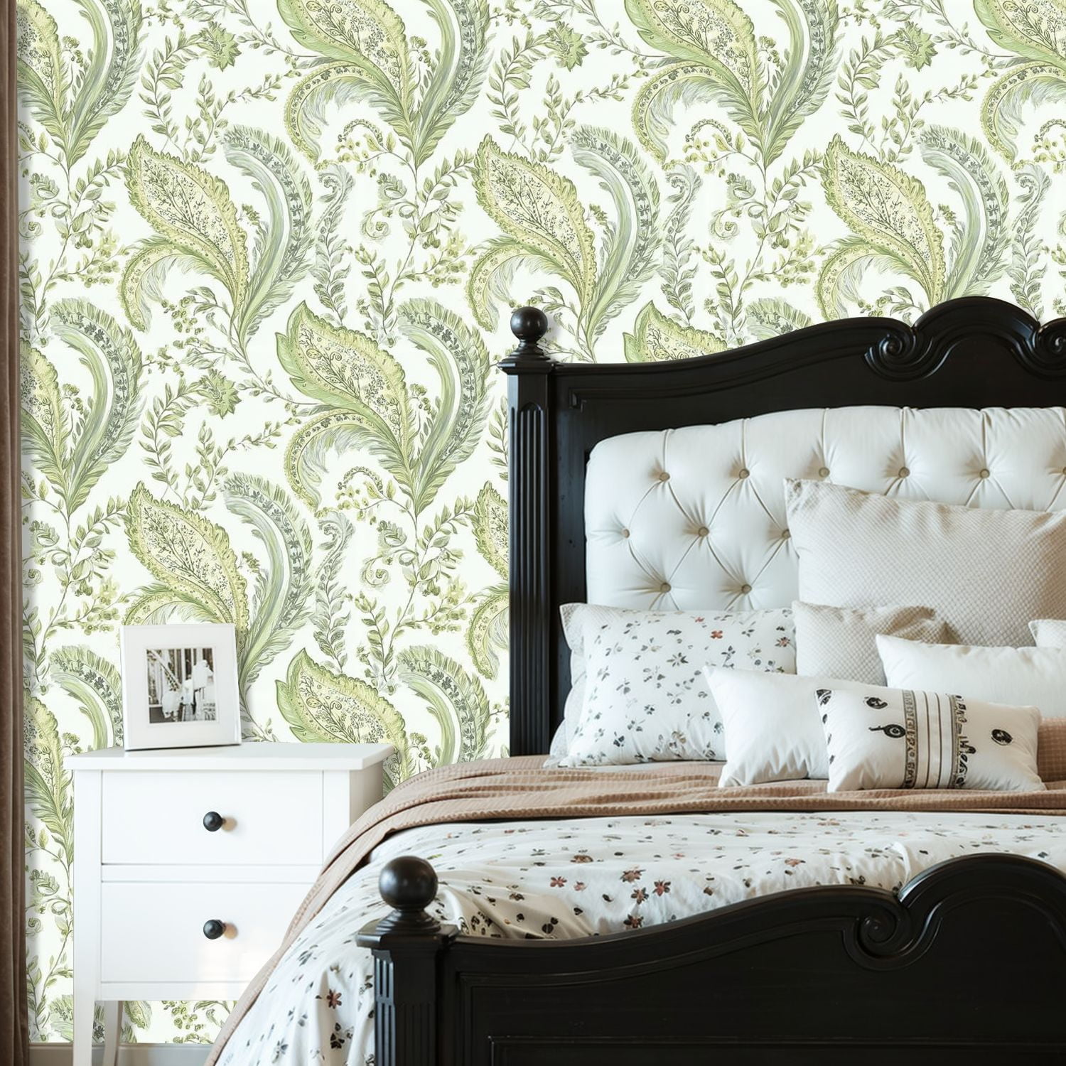 Paisley Peel and Stick Wallpaper 23.6in x 9.8ft Elegant Green Floral Paisley Leaves Swirls Contact Paper Vinyl Waterproof Self Adhesive Wall Paper for Bedroom Shelf Cabinet Renter Friendly