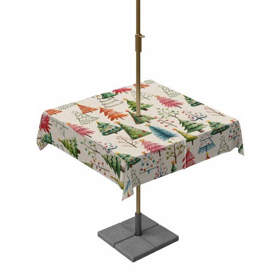 Outdoor Tablecloth with Umbrella Hole and Zipper, Christmas Pine Square Table Cloth 54x54 Inch Waterproof Tablecloth, Winter Colorful Xmas Trees Plant Beige Picnic Table Cover for Patio Camping