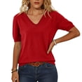 thumbnail image 2 of WULMLEO Womens Short Sleeve Sweater Summer V Neck Tops Casual Knit Shirts Lightweight Pullover Top Red L, 2 of 5
