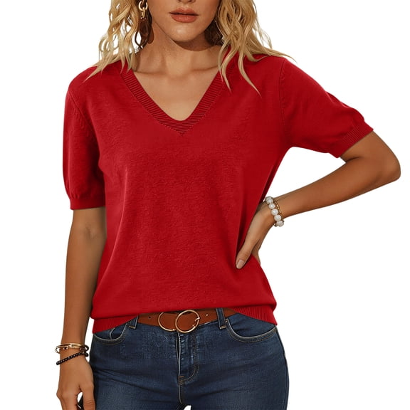 Women's Sweaters Casual V Neck Short Sleeve Knit Summer Pullover Sweater Tops Red L