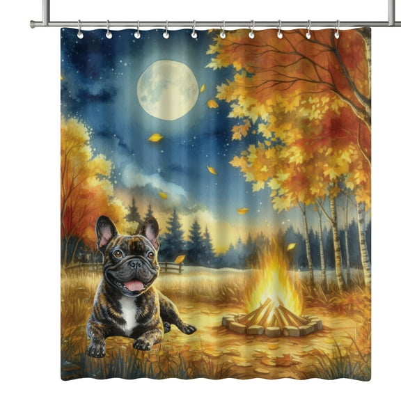 Hello Fall French Bulldog Enjoys Warm Campfire Autumn Night Bright Moon Shower Curtain Dog Lover Gifts Waterproof Bathroom Bathtub Curtain - 01008