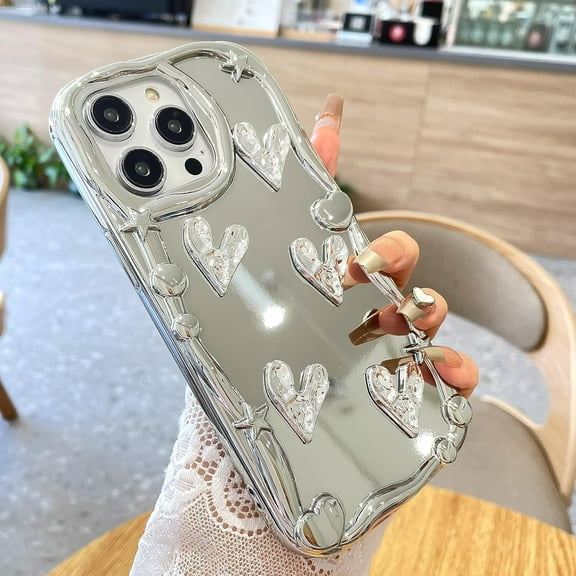 iPhone 13 Pro Max Case Mirror Flexible Cute Love Heart Soft TPU Silver Plating Luxury Elegant Phone Case Screen Protector Full Body Protection Girls Women Cover