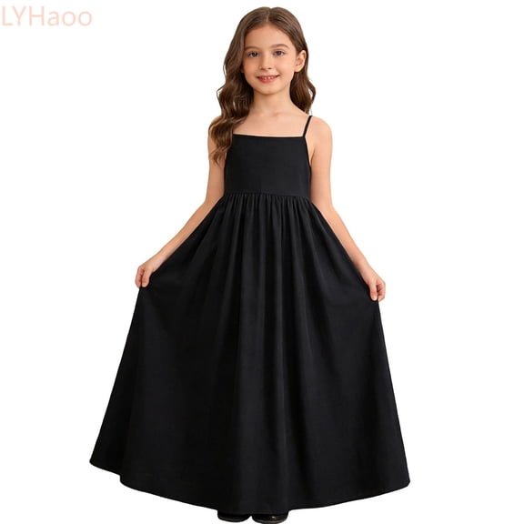 LYHaoo Kids Girl's Backless Casual Spaghetti Strap Beach Maxi Dress Loose Flowy Sun Dress For Teen,Princess Dresses for Girls Sizes 7-8 Years Black