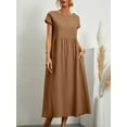 thumbnail image 1 of Lindbes Robe Maxi Élégante Unie pour Femmes Été à Manches Courtes Col Rond Vintage Harajuku Coton Lin Ample Robe d'Été Y2K avec Poches Longue Robe, 1 of 7