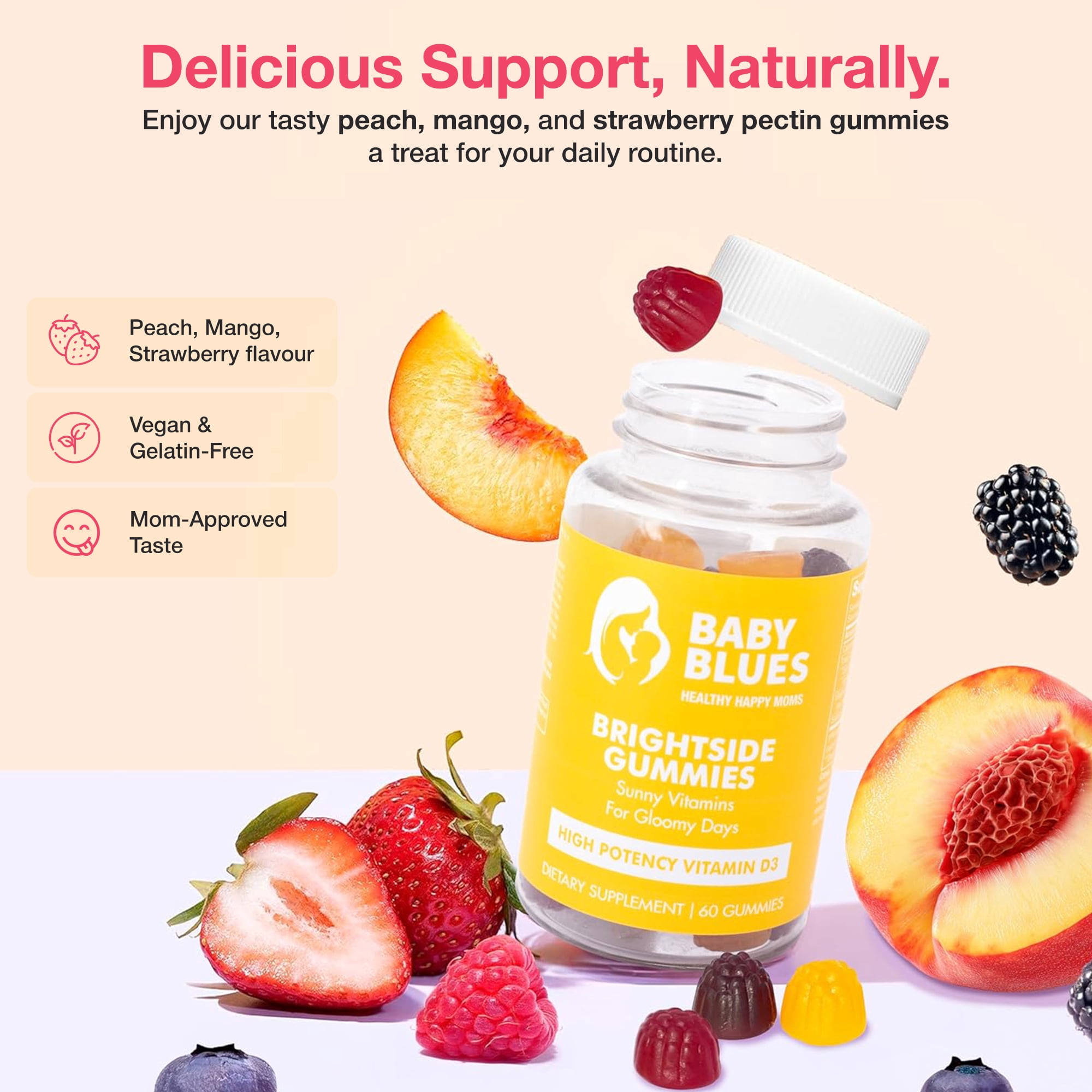 Baby Blues Vitamin D3 Gummies for Women, 1000 IU with B12 and Apple Cider Vinegar for Mood and Energy, 60 Count