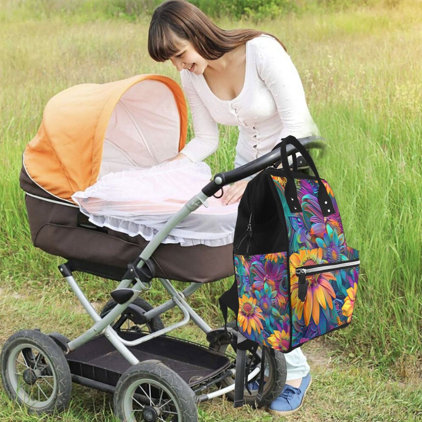 Fuzoiu Psychedelic Sunflowers Print Diaper Bag Backpack,Baby Essentials Travel Tote,Multi function Waterproof Diaper Bag, Travel Essentials Baby Bag - Unisex