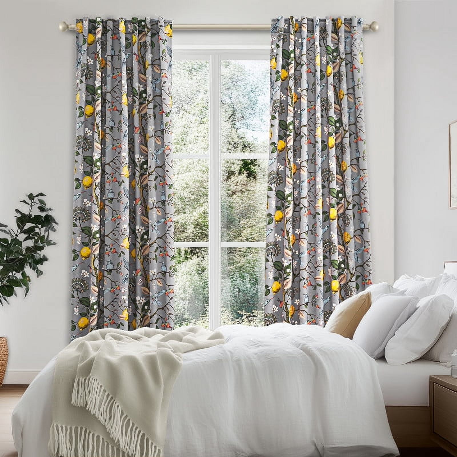 Topfinel Fancy Hummingbird Patterned Curtain,Grey Curtains for Living Room, Thermal Insulated Blackout Curtains for Bedroom, Floral Vintage Lemon Curtains 72 inch Length 2 Panels Set