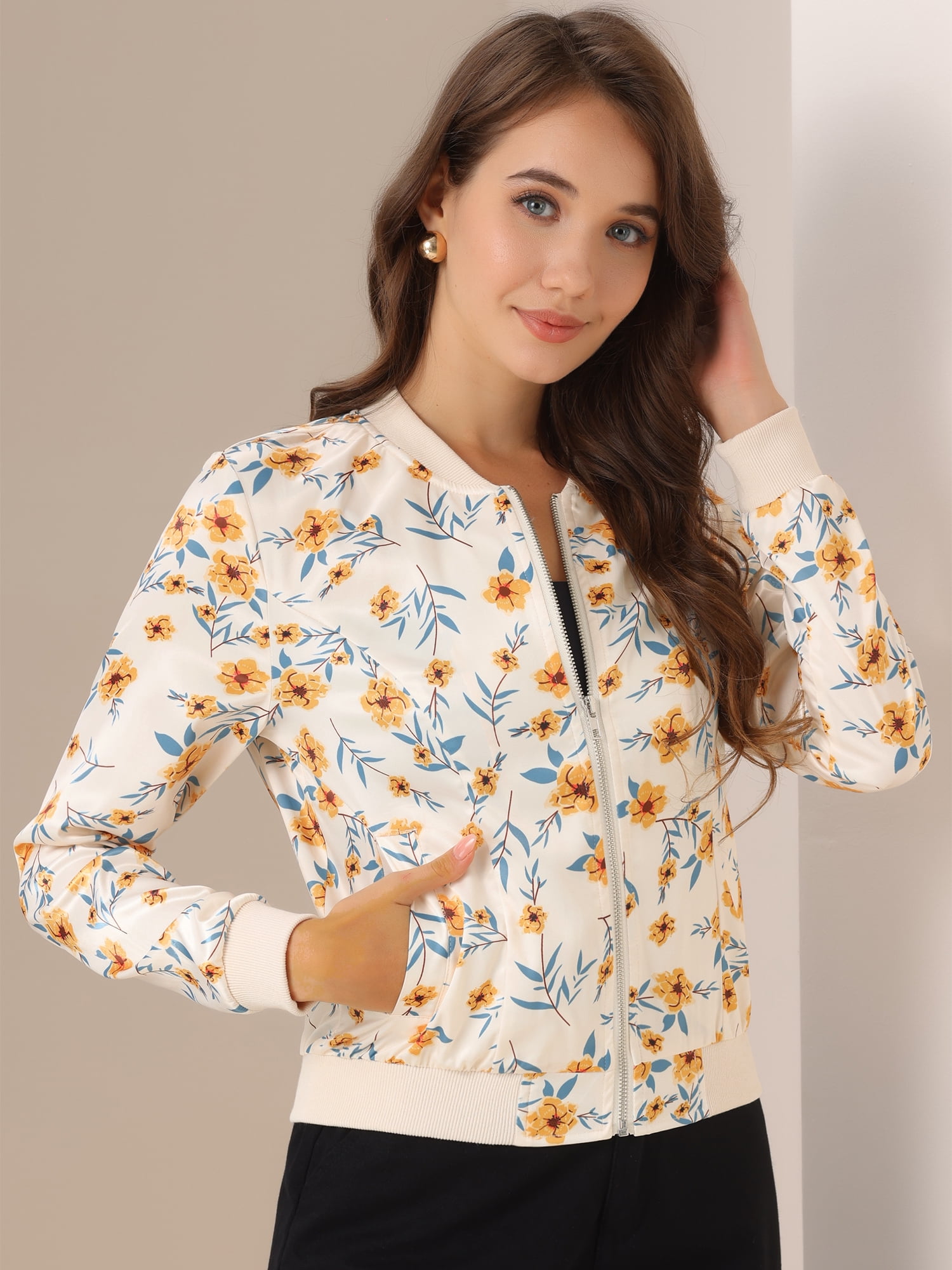 DARING DIVA Women's Stand Collar Front Zipper Satin Bomber Jacket S Apricot Blue
