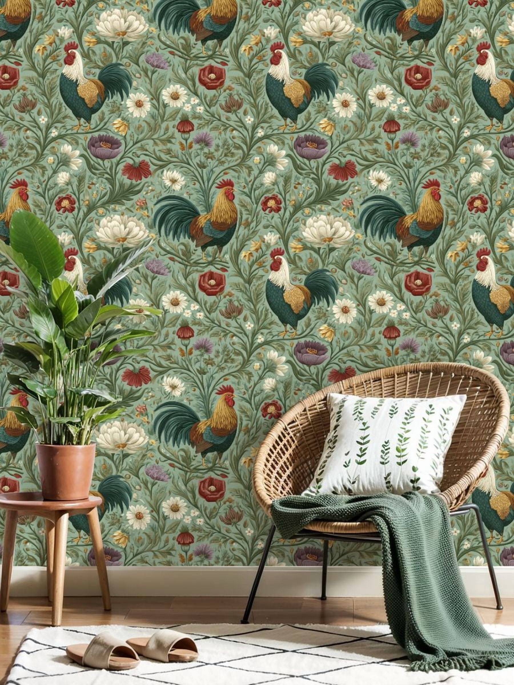 Peel and Stick Wallpaper 17.7in x 9.8ft Farmhouse Roosters Floral Elements Soft Pastel Hues Contact Paper Vinyl Waterproof Self Adhesive Wall Paper for Bedroom Shelf Cabinet Renter Friendly