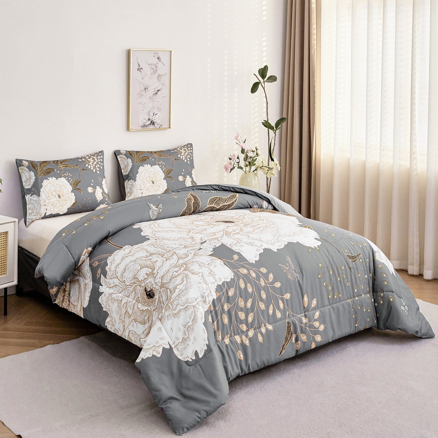 URBONUR 3 Pcs Floral Botanical Comforter Set Full Size White FLowers Bedding Set Gold Leaves Butterfly Printed on Grey Comforter Farmhouse Bedding Set for All Season