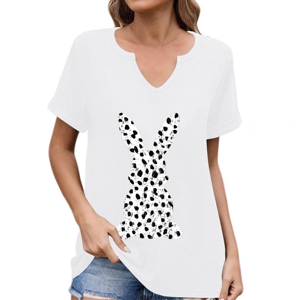 Corto para las Mujeres Casual Verano 2025 Pascua Impresión V-Cuello Camiseta, Ligero 95% Poliéster 5% Spandex Top para Toda la Temporada Hogar Y Diario