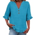 thumbnail image 3 of RMGVDSD Womens Summer Tops 3/4 Sleeve V Neck Button Down Shirts Ruffled Hem Solid Color Casual Basic Shirt Everyday Comfort Tees Casual Loose Blouses, 3 of 7