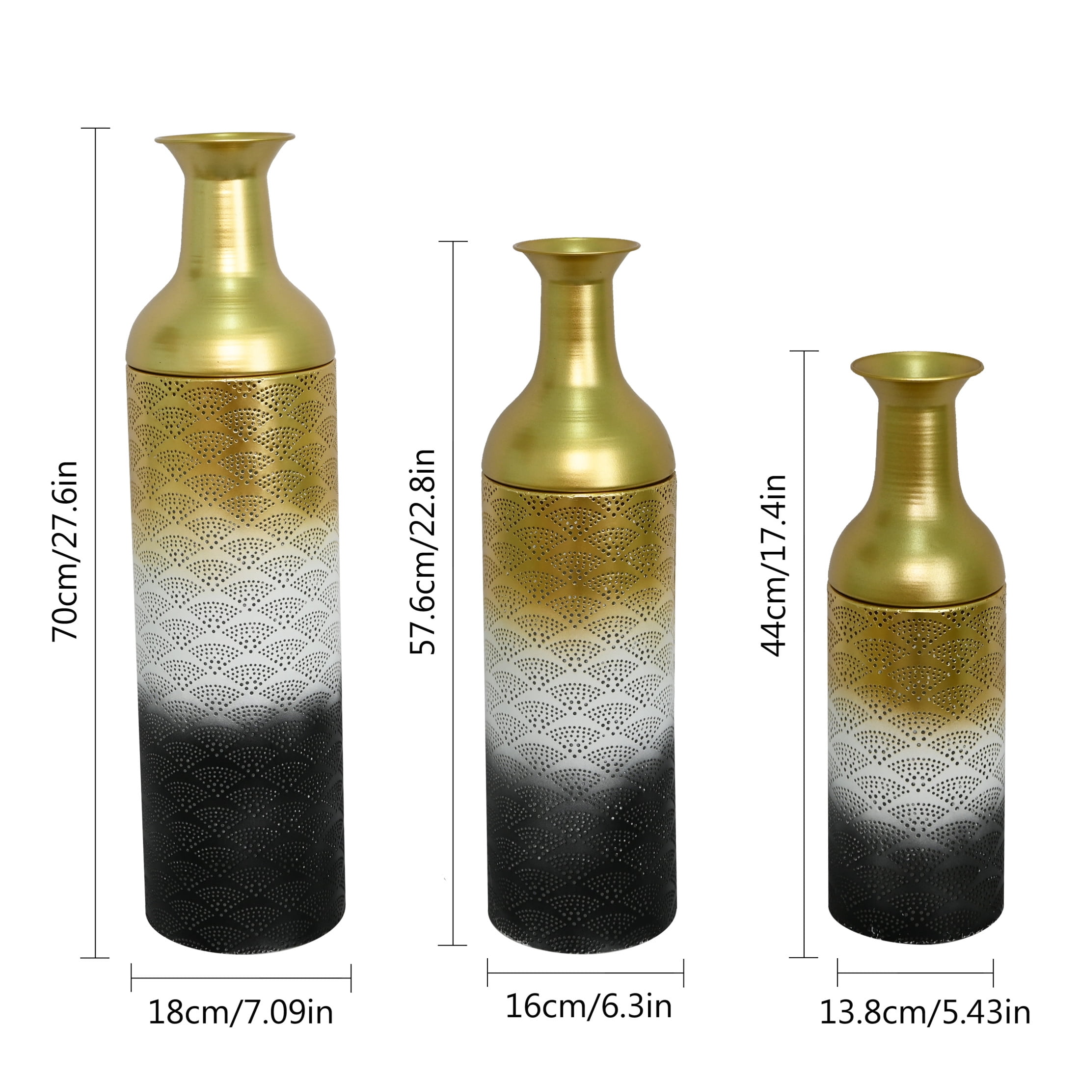 Noble House Set of 3 Decorative Metal Floor Vases, Scallop Pattern Tall Vases, White Gold+Black
