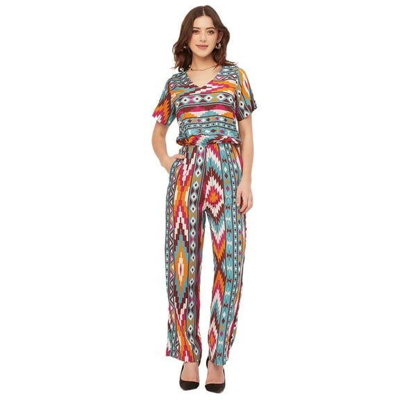 Moomaya V Neck Full Leg Printed Rayon Jumpsuit - Women's Elegant Jumpsuit