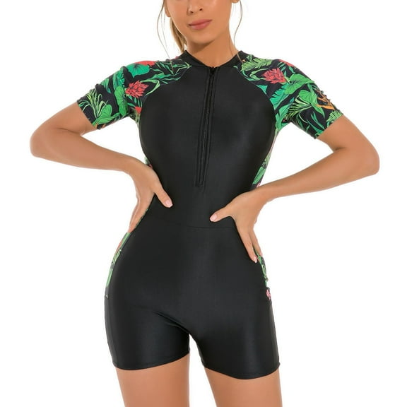 SWSMCLT Women's Short Sleeve Rash Guard Modest Surf Surfing Beach Swimming Padded Tight Swimwear One Piece Bathing Suit Leaf XX-Large