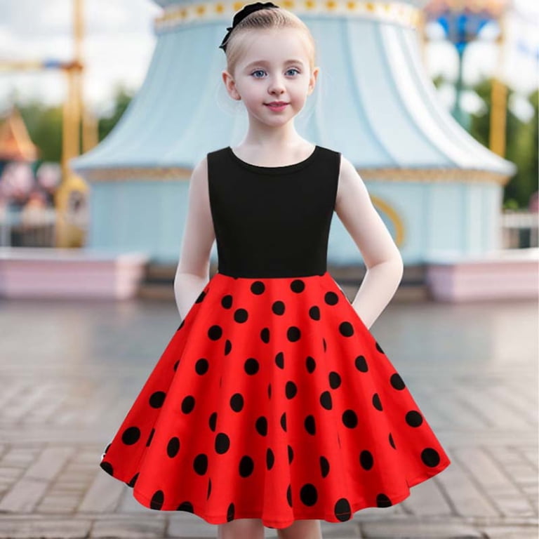 Sleeveless Dress Girls Red Spotty Dress FAOWME Kids Children Girls Round  Neck Sleeveless Polka Dot Vintage