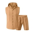 thumbnail image 5 of Men's Summer Casual Linen Cotton Hooded Sleeveless Shirt Shorts 2 Piece Set Loose Fit Solid Color Outfits for Beach Vacation Golf Streetwear Loungewear Modern Fashion Essential, 5 of 9