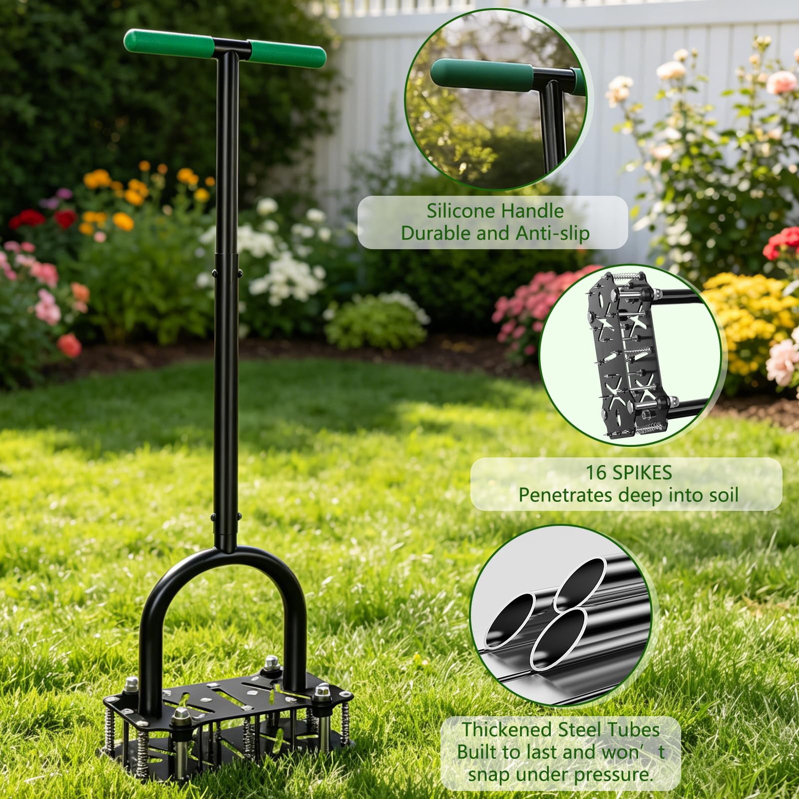 Adjustable Lawn Aerator Tool With Rebound Spring - 16 Metal Spikes Soil T-handle & Wide Foot Plate  Heavy Duty Yard For Garden Care