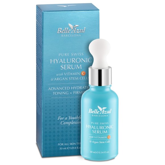 Belle Azul Sérum pour la Peau à l'Acide Hyaluronique Suisse Pur + Vitamine C et Cellules Souches d'Argan - Sérum Hydratant, Tonifiant et Raffermissant pour le Visage, le Cou et les Yeux 30 Ml/1,014 fl oz