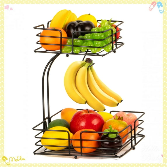 Auledio 2-Tier CountertopSquare Hanging Fruit Baskets with Banana Hanger for Countertop for countertop-Bronze