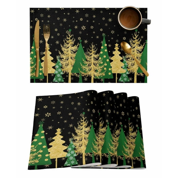 Christmas Tree Placemats Set of 8 Winter Xmas Snowflake Color Ball Bow Black Heat Insulation Washable Place Mats, Rustic Non-Slip Table Mats for Dining Table Party Kitchen Decor,13x19 Inch