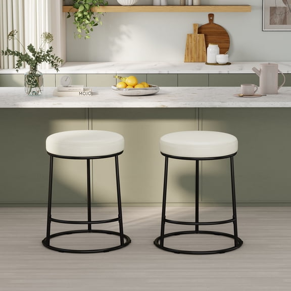 MultiHaven Backless Bar Stools Set of 2,24" Counter Height Barstools with White PU Upholstered Seat for Kitchen Island