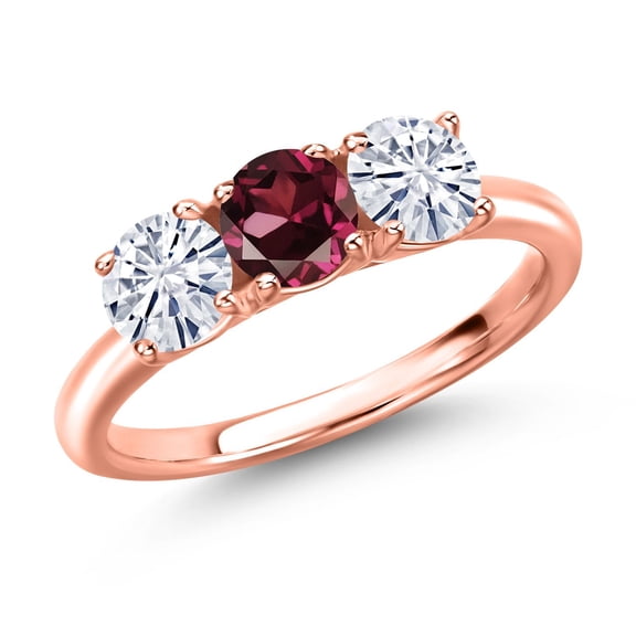 Gem Stone King 18K Rose Gold Plated Silver Red Rhodolite Garnet and White Moissanite Engagement Ring for Women | 1.60 Cttw | Round 5MM | Gemstone January Birthstone | Size 9