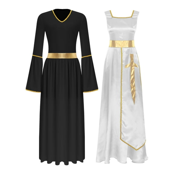 iiniim Women's 2 Piece Outfit Liturgical Lyrical Worship Dance Maxi Dress with Praise Dance Tunic Overlay White&Black XL