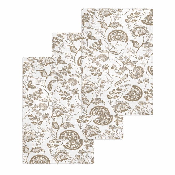 Khaki Farmhouse Kitchen Dish Towels for Drying Dishes Set of 3, Floral Floral Plant Leaf Vintage Spring Waffle Weave Microfiber Hand Tea Bathroom Towels Quick Dry & Absorbent Towel 15.7x23.6