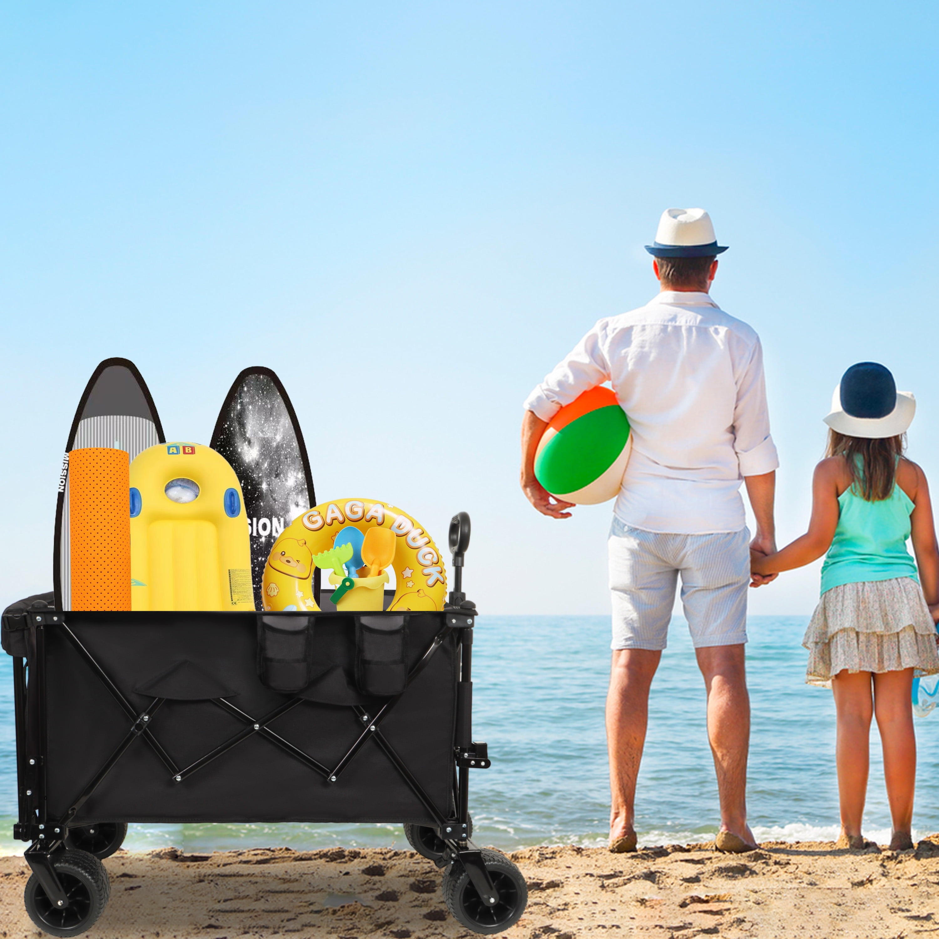 Foldable Wagon with Extended Tailgate, 480LBS Heavy-Duty All-Terrain Cart, Large Beach Wheels, Expandable Utility Wagon for Outdoor Activities