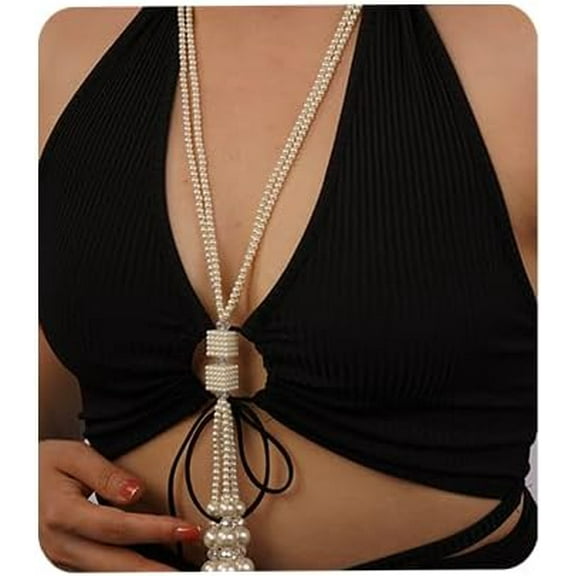 Bohemian 2-Strand Faux Pearl Knot Beaded Necklace Long Pearl Crystal Pendant 1920s Flapper Costume Accessories for Women