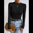 thumbnail image 4 of Tops de Punto Gofre para Mujer, Camisas de Larga, Camisetas Informales Ajustadas con Cuello Redondo, Jerséis Negro S, 4 of 8