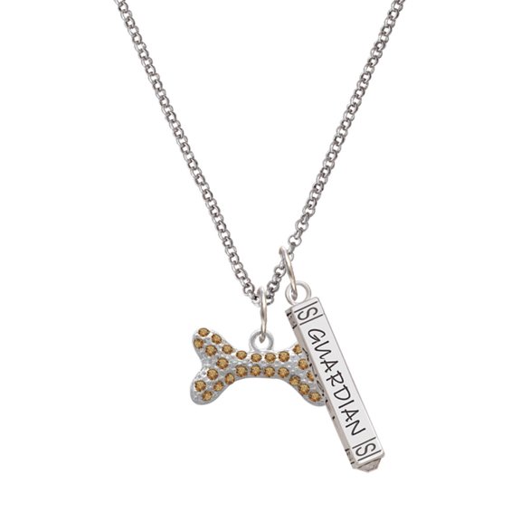 Delight Jewelry Silvertone Large Brown Crystal Dog Bone Silvertone Guardian Angel Bar Charm Necklace, 23"