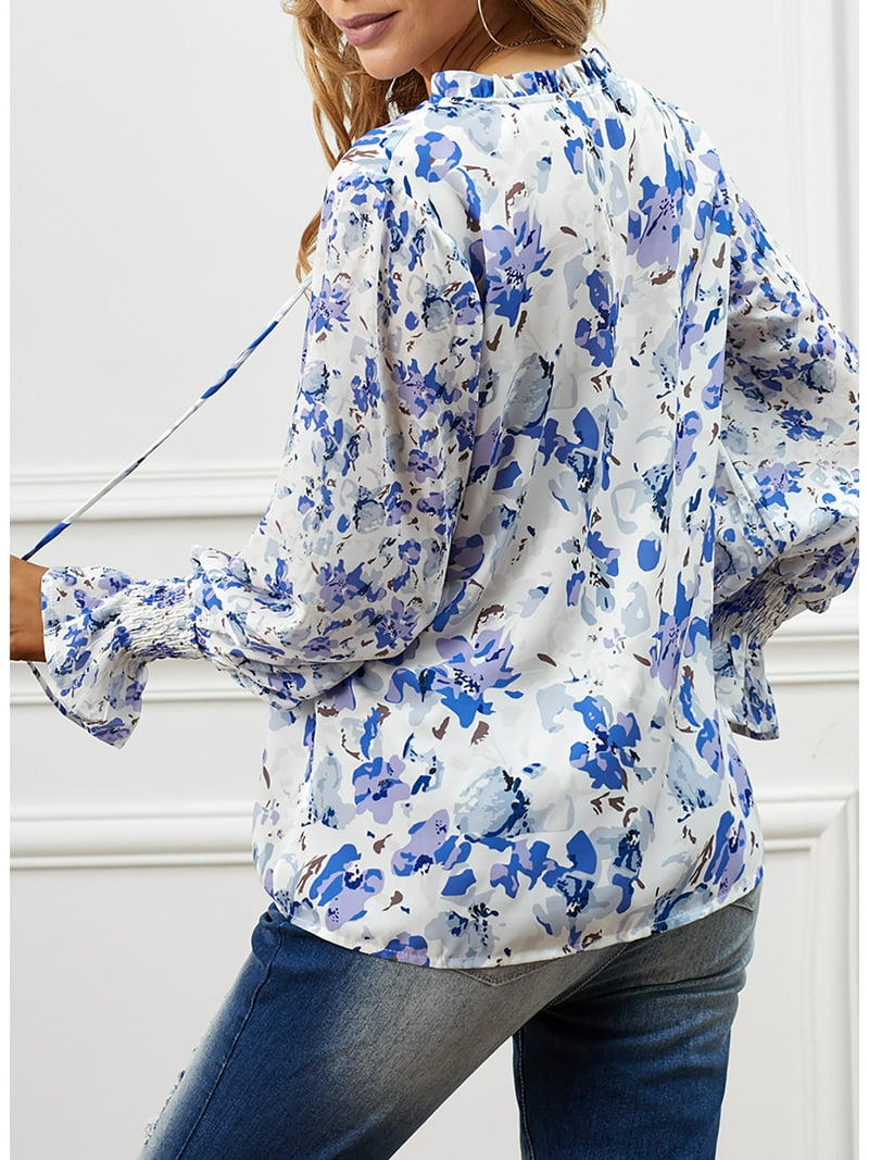 EVALESS Boho Tops for Women, Floral Blouses, V Neck, Long