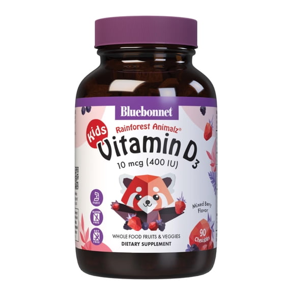 Bluebonnet Rainforest Animalz Vitamin D3 400 IU Chewable Tablet, Mixed Berry, 90 Count
