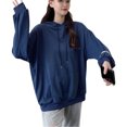 thumbnail image 2 of Sudadera con capucha de color puro con hombros caídos y manga larga suelta con cordón y bolsillo azul M, 2 of 8