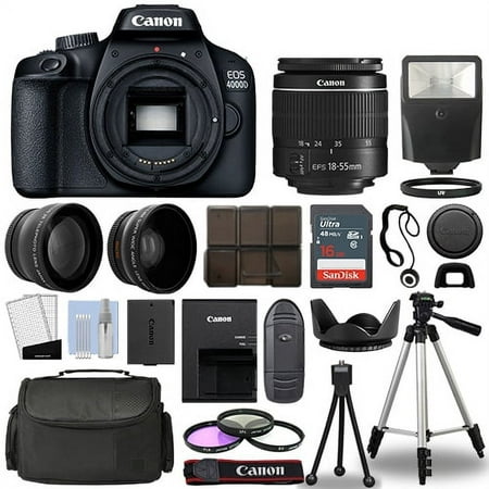 Image of Canon EOS 4000D / Rebel T100 SLR Camera + 3 Lens Kit 18-55mm+ 16GB+ Flash & More